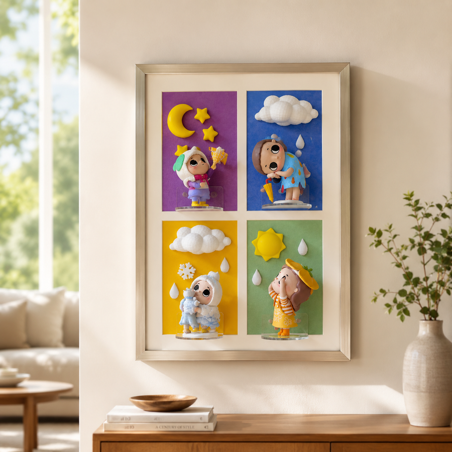 Handmade Clay Weather Mood Shadow Box | 3D Layered Wall Art Frame | Cute Figurine Display Decor Gift