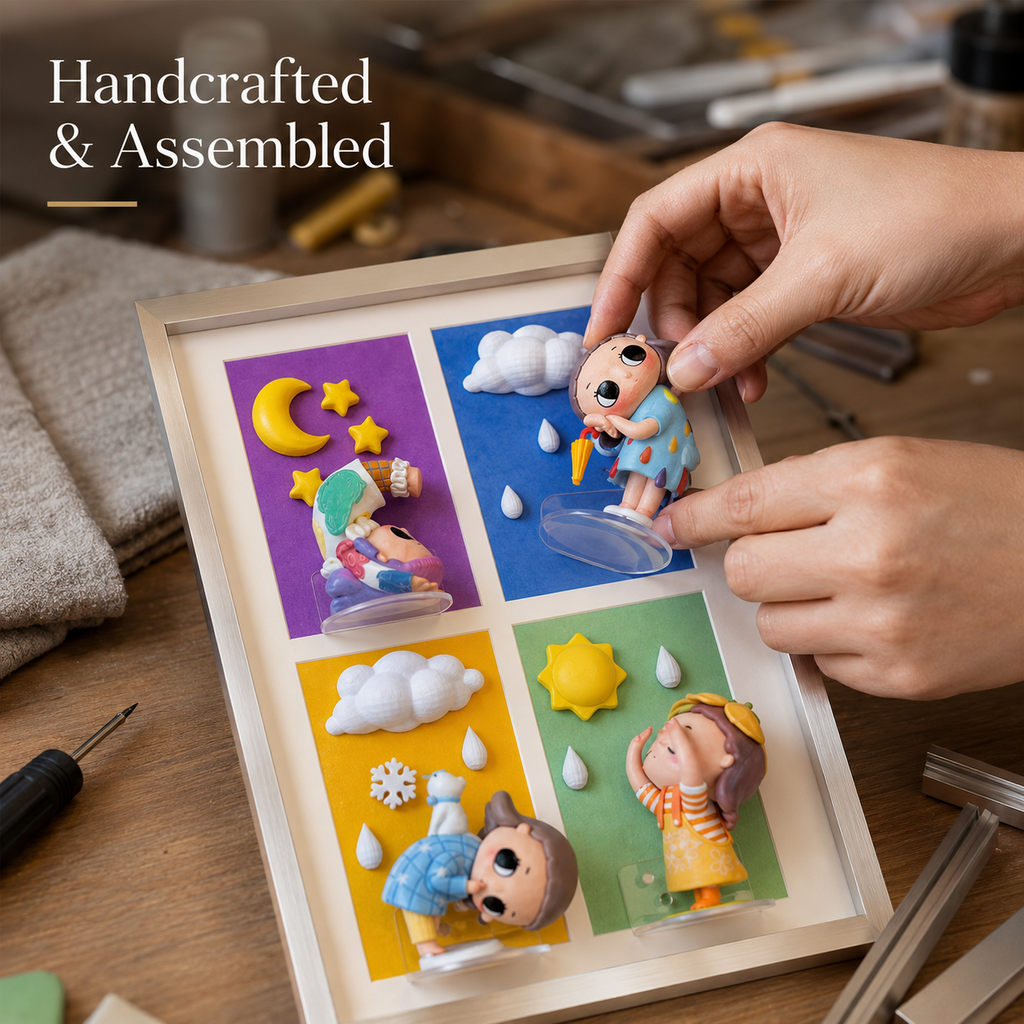 Handmade Clay Weather Mood Shadow Box | 3D Layered Wall Art Frame | Cute Figurine Display Decor Gift