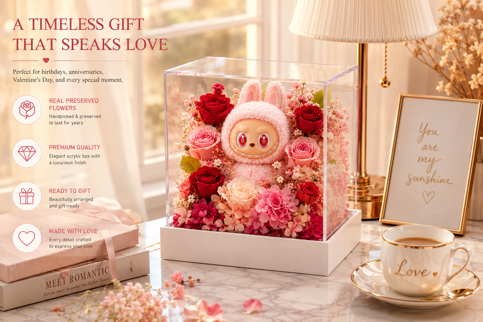 Bunny Pink Rose Display | Preserved Flower Acrylic Stand | Kawaii Figurine Floral Gift