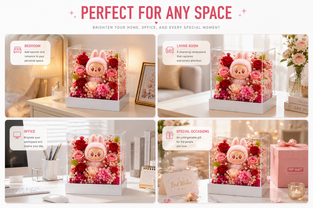Bunny Pink Rose Display | Preserved Flower Acrylic Stand | Kawaii Figurine Floral Gift