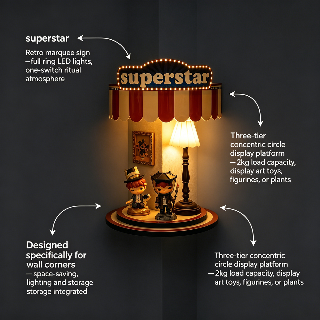 Retro Sign-Style Night Light | Warm LED Figurine Stage | Superstar-Style Figurine Display Stand with Night Light | Collector-Grade Toy Display Case