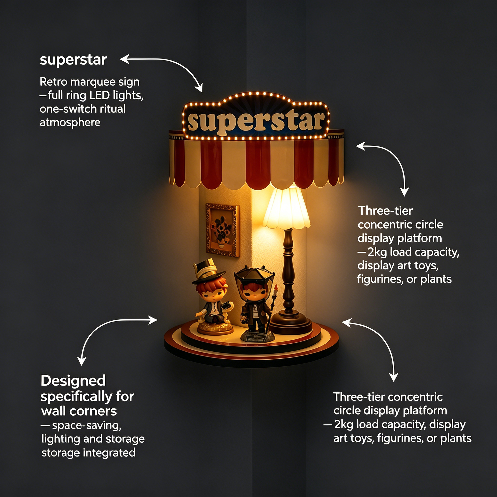 Retro Sign-Style Night Light | Warm LED Figurine Stage | Superstar-Style Figurine Display Stand with Night Light | Collector-Grade Toy Display Case