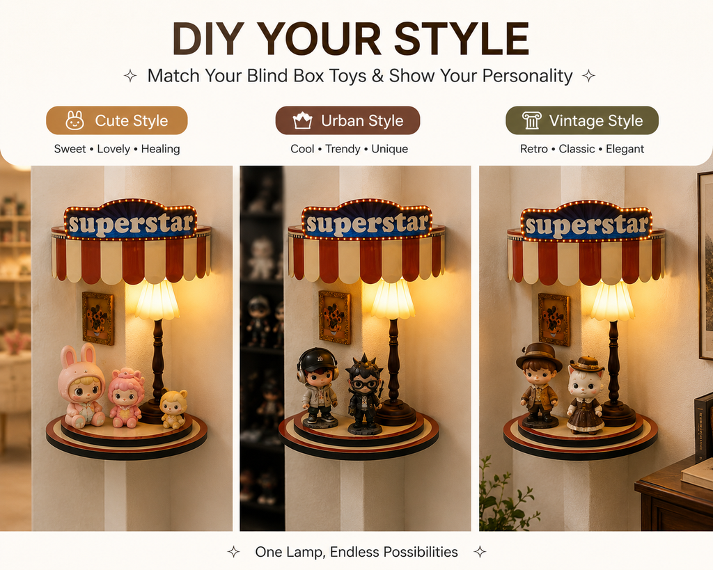 Retro Sign-Style Night Light | Warm LED Figurine Stage | Superstar-Style Figurine Display Stand with Night Light | Collector-Grade Toy Display Case