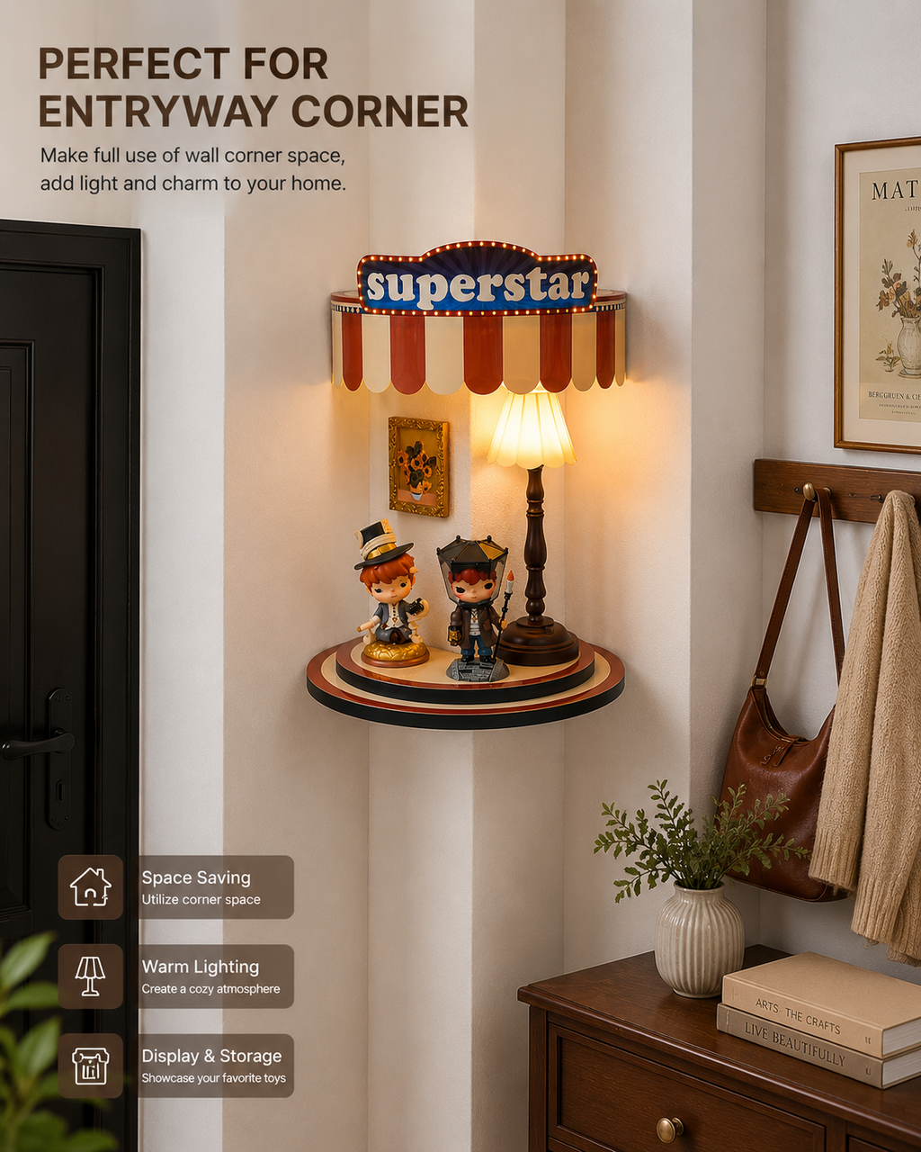 Retro Sign-Style Night Light | Warm LED Figurine Stage | Superstar-Style Figurine Display Stand with Night Light | Collector-Grade Toy Display Case