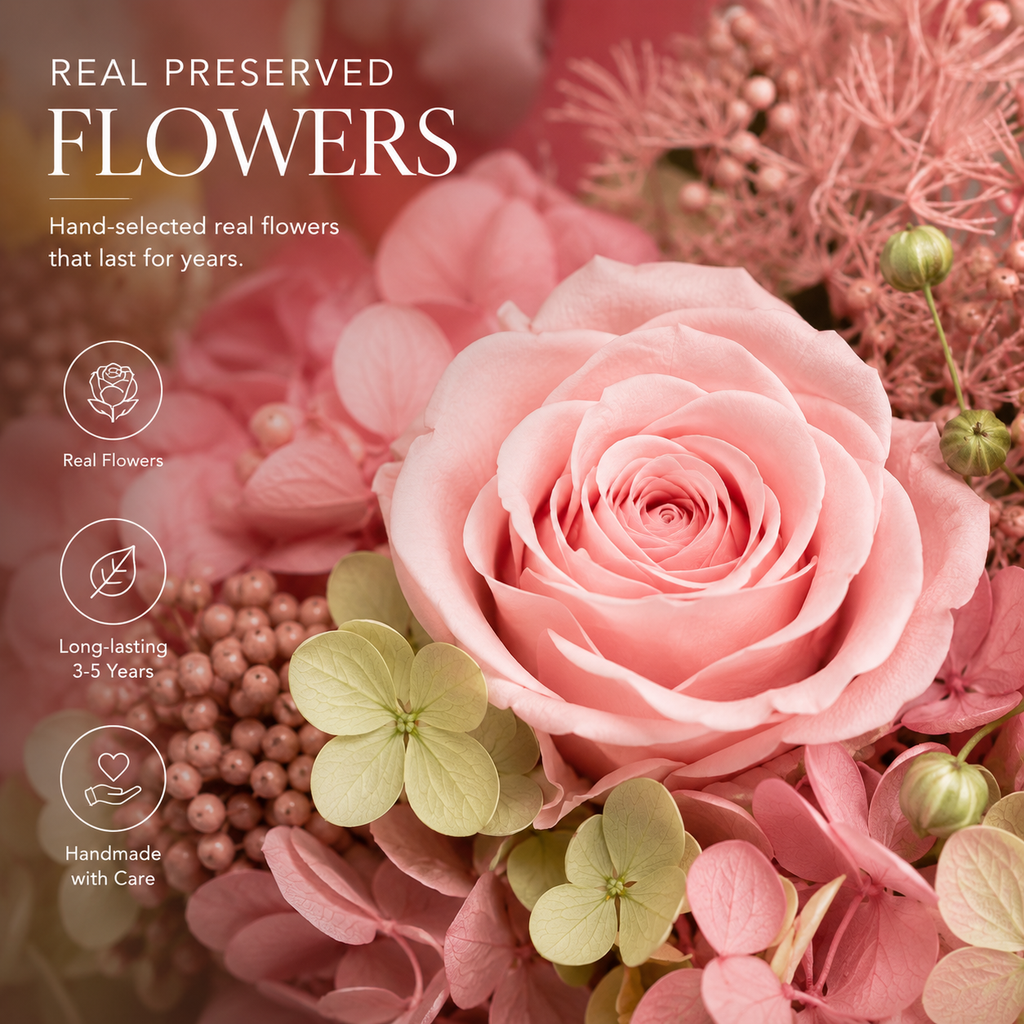 Forever Bloom Cherub Preserved Rose Display in use – Doluchi
