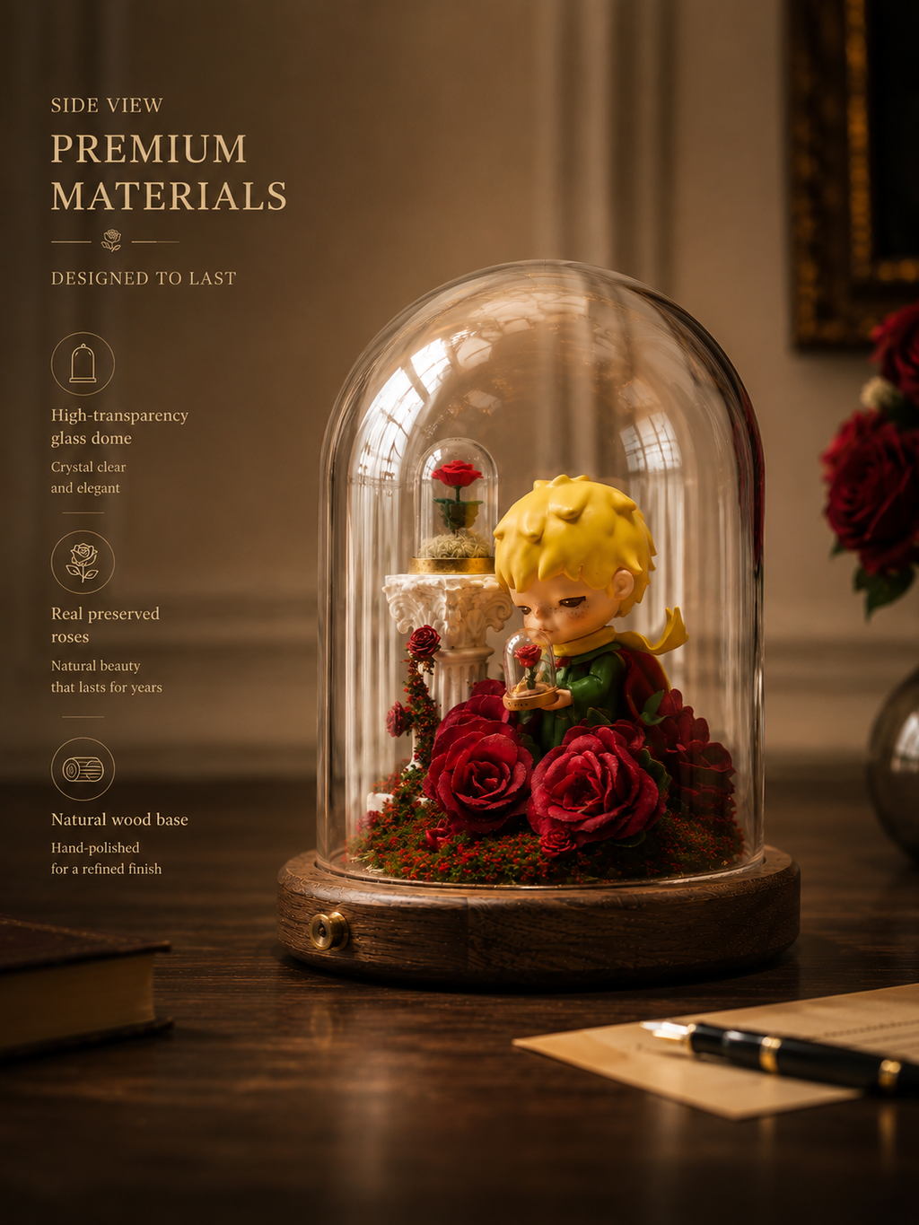 Little Prince Eternal Rose Glass Dome back view – Doluchi