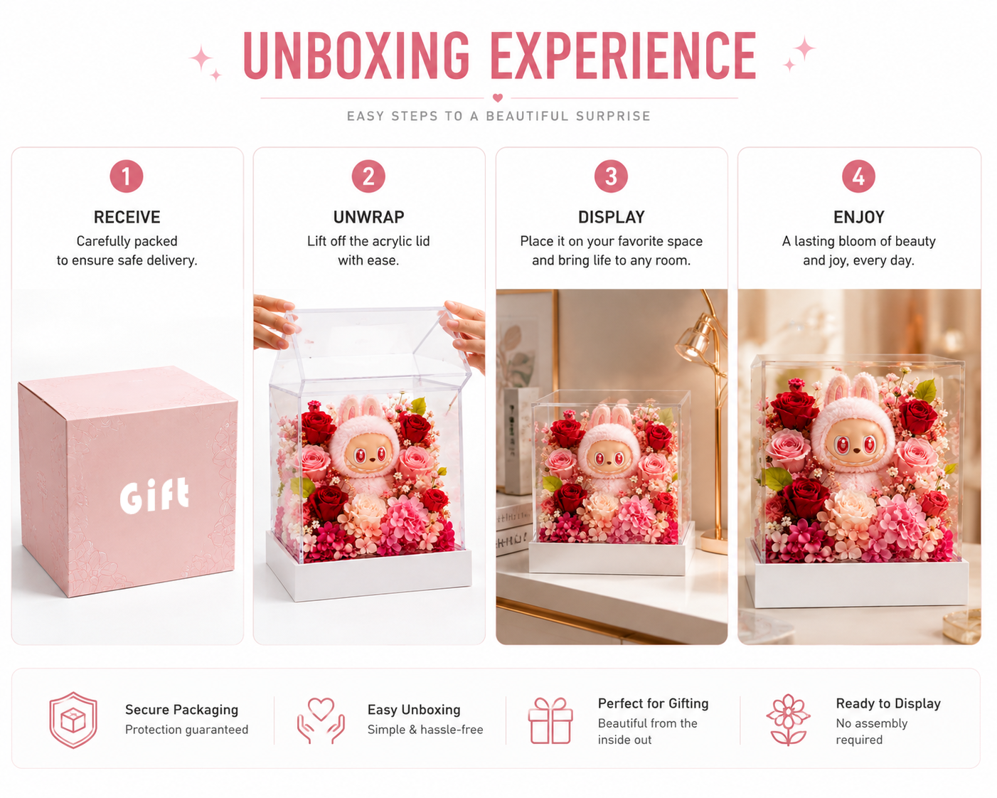 Bunny Pink Rose Display | Preserved Flower Acrylic Stand | Kawaii Figurine Floral Gift