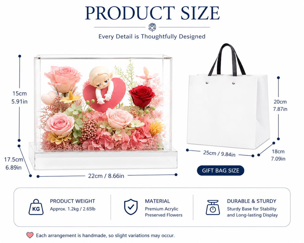 Forever Bloom Cherub Preserved Rose Display size reference – Doluchi