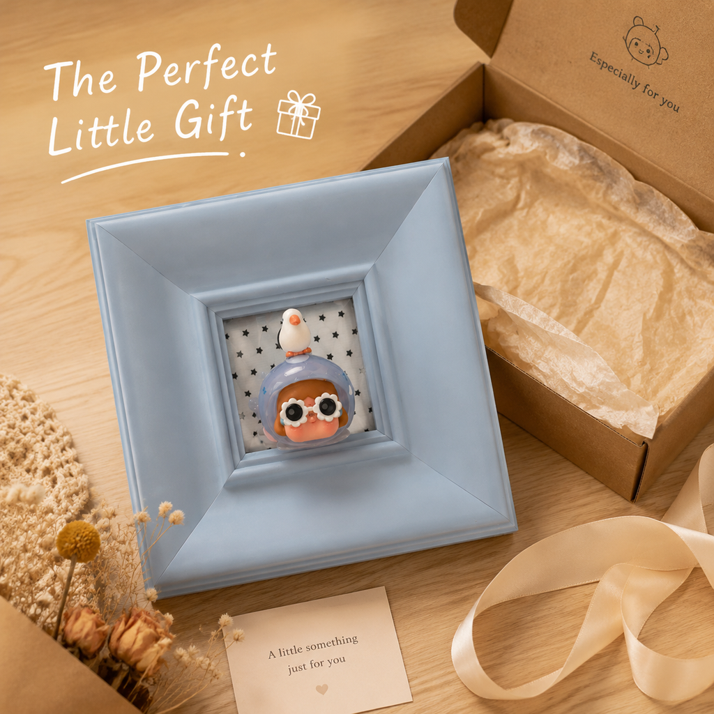 Blue Wall-Mounted Shadow Box Frame | Mini Figure Display Niche | Cute Deep Picture Frame Decor
