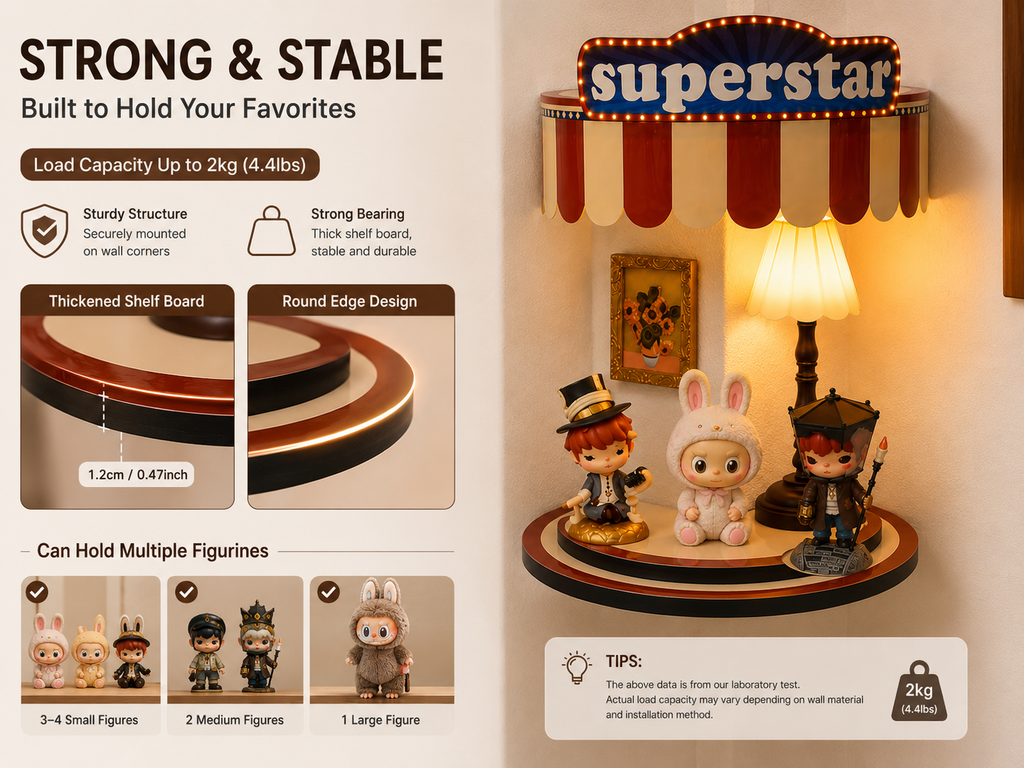 Retro Sign-Style Night Light | Warm LED Figurine Stage | Superstar-Style Figurine Display Stand with Night Light | Collector-Grade Toy Display Case