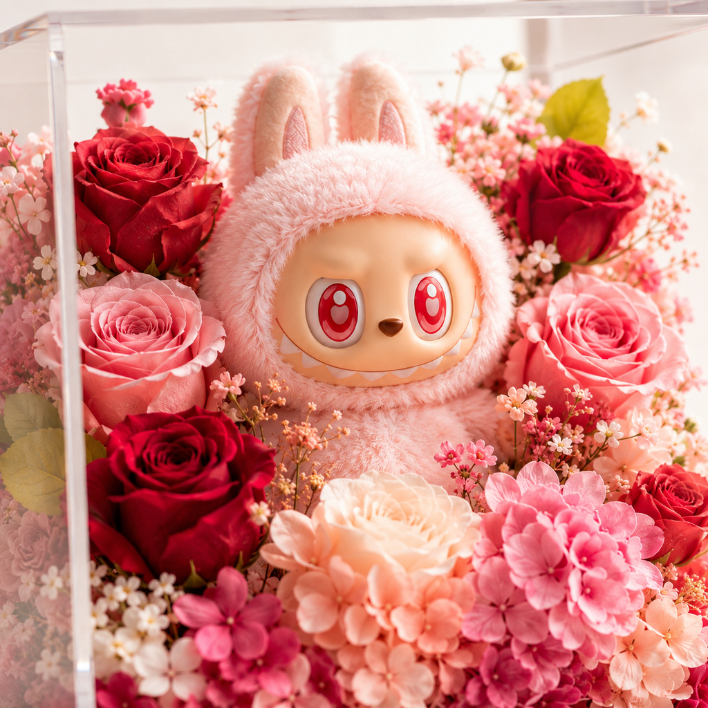 Bunny Pink Rose Display | Preserved Flower Acrylic Stand | Kawaii Figurine Floral Gift