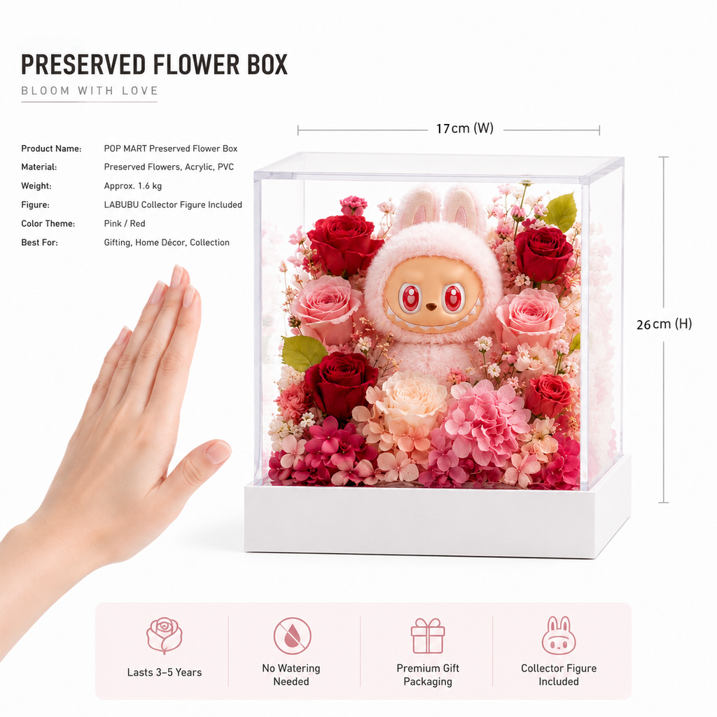 Bunny Pink Rose Display | Preserved Flower Acrylic Stand | Kawaii Figurine Floral Gift