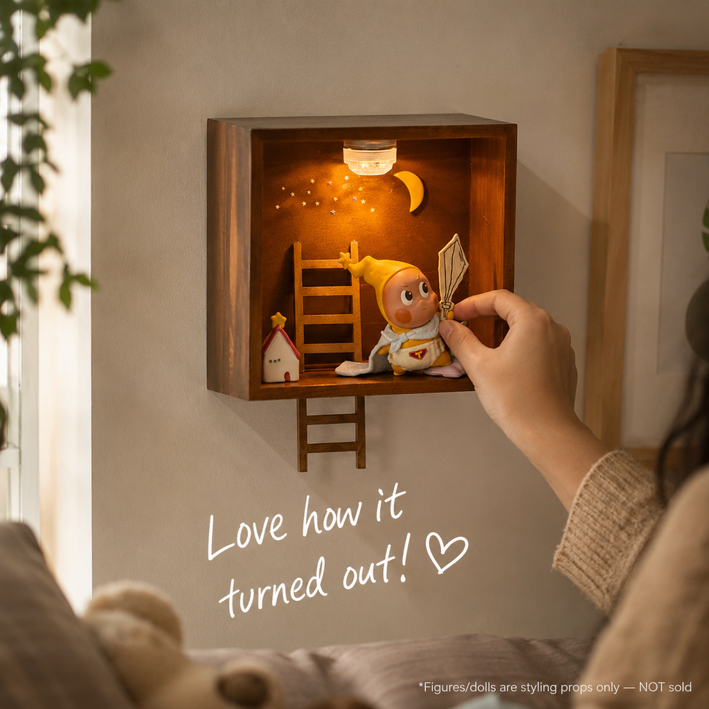 Starry Night Wooden Shadow Box | LED Moon & Stars Diorama Shelf | Cozy Wall-Mounted Figure Display