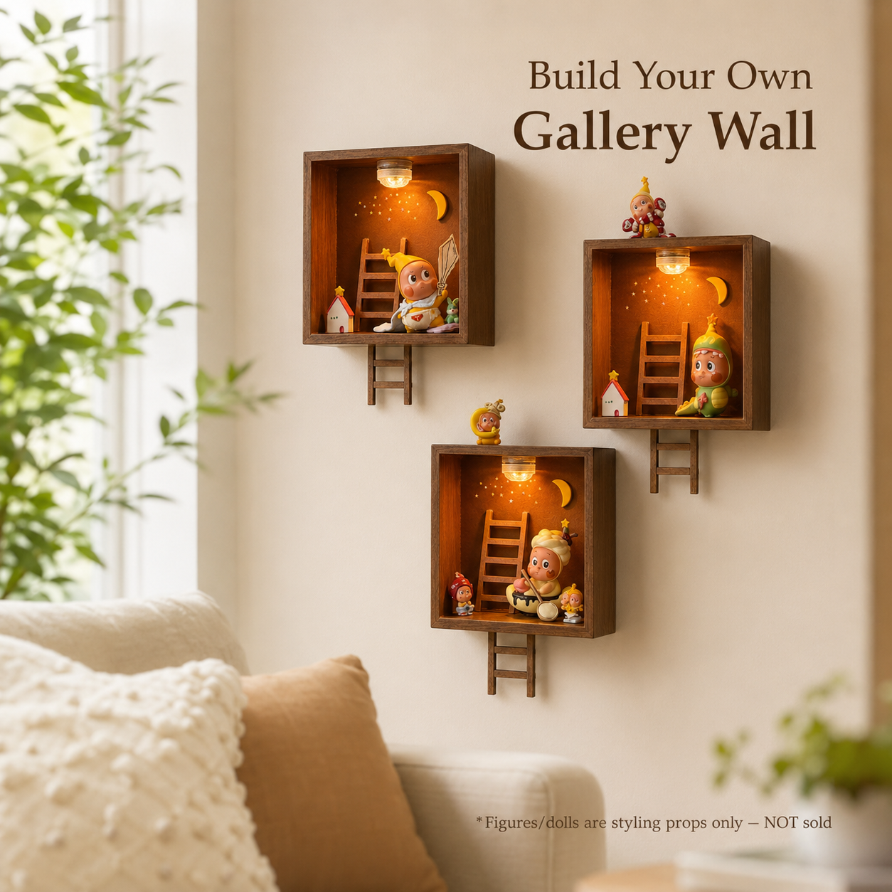 Starry Night Wooden Shadow Box | LED Moon & Stars Diorama Shelf | Cozy Wall-Mounted Figure Display