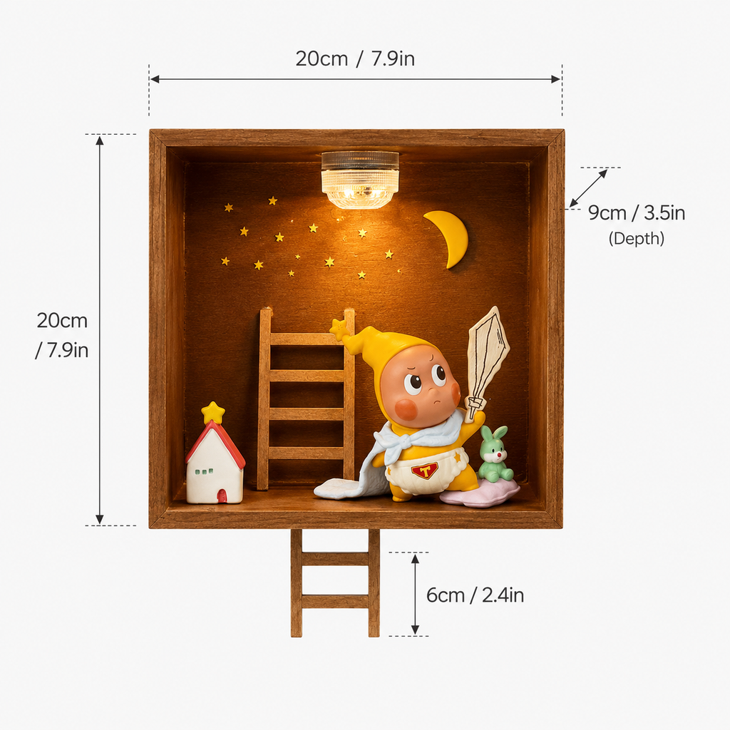 Starry Night Wooden Shadow Box | LED Moon & Stars Diorama Shelf | Cozy Wall-Mounted Figure Display