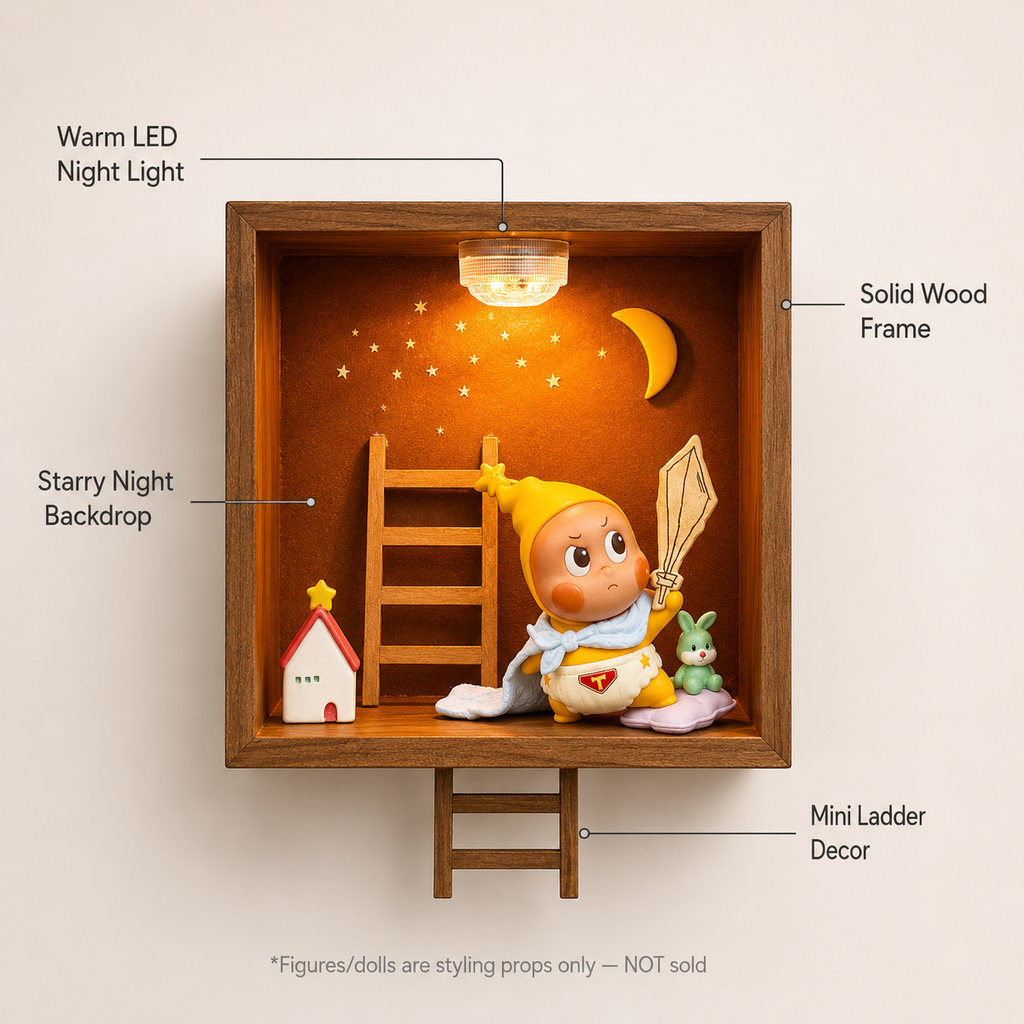 Starry Night Wooden Shadow Box | LED Moon & Stars Diorama Shelf | Cozy Wall-Mounted Figure Display