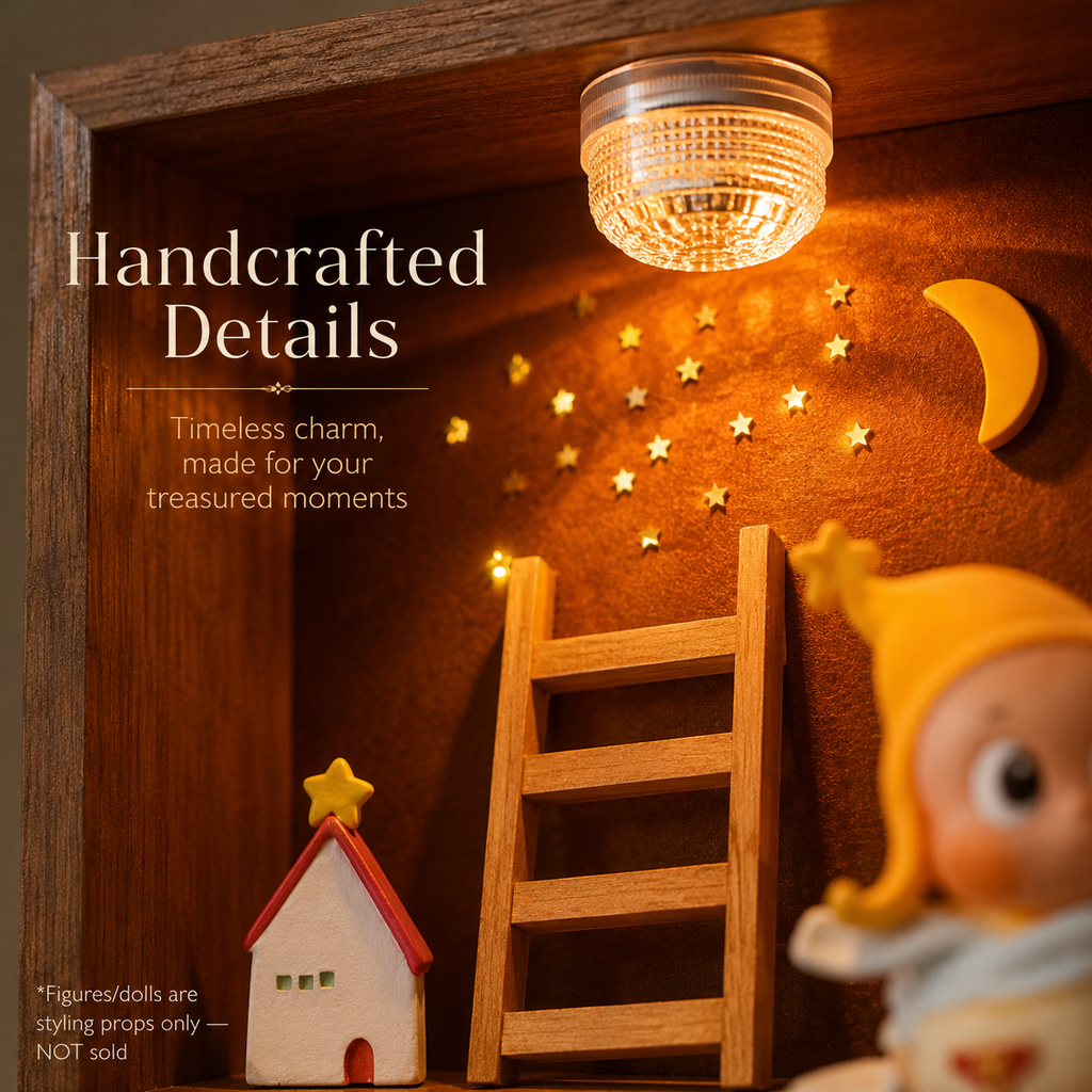 Starry Night Wooden Shadow Box | LED Moon & Stars Diorama Shelf | Cozy Wall-Mounted Figure Display