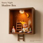 Starry Night Wooden Shadow Box | LED Moon & Stars Diorama Shelf | Cozy Wall-Mounted Figure Display
