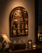 Vintage Map Wall Display Shelf | 4-Tier Solid Wood Figurine Stand | 14-Slot Blind Box Storage