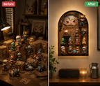 Vintage Map Wall Display Shelf | 4-Tier Solid Wood Figurine Stand | 14-Slot Blind Box Storage