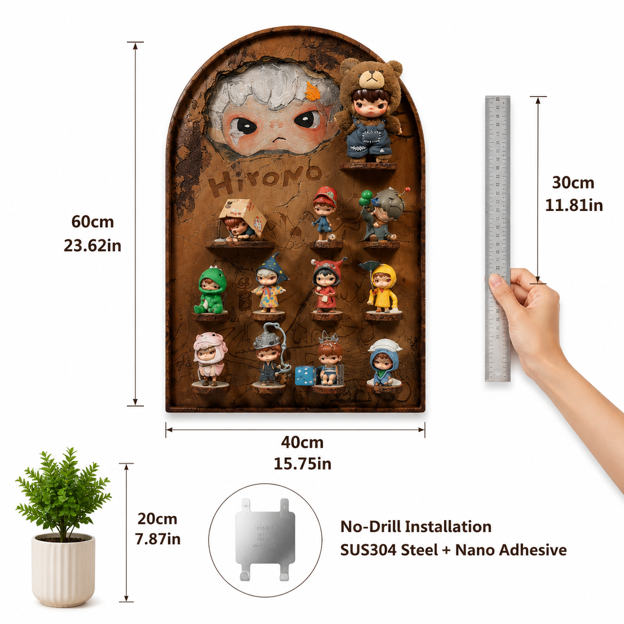 Vintage Map Wall Display Shelf | 4-Tier Solid Wood Figurine Stand | 14-Slot Blind Box Storage