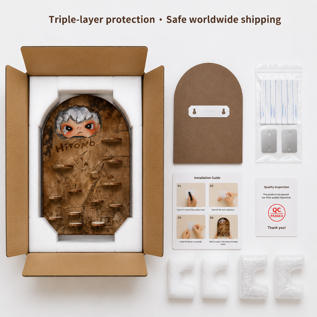 Vintage Map Wall Display Shelf | 4-Tier Solid Wood Figurine Stand | 14-Slot Blind Box Storage
