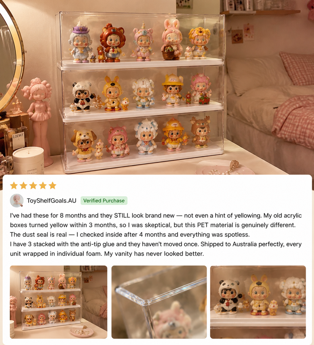 Anti-Tip Stackable Acrylic Display Case back view – Doluchi