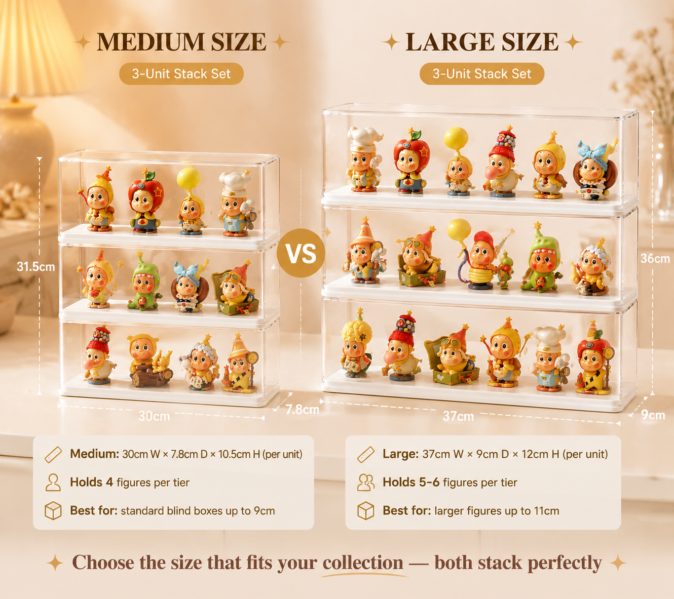 Anti-Tip Stackable Acrylic Display Case size reference – Doluchi