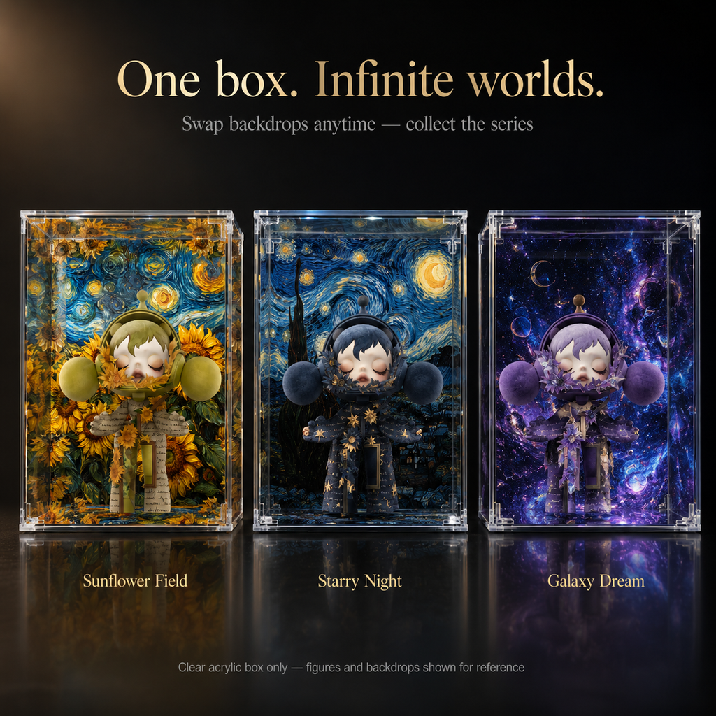 Acrylic Display Box with Art Backdrop in use – Doluchi