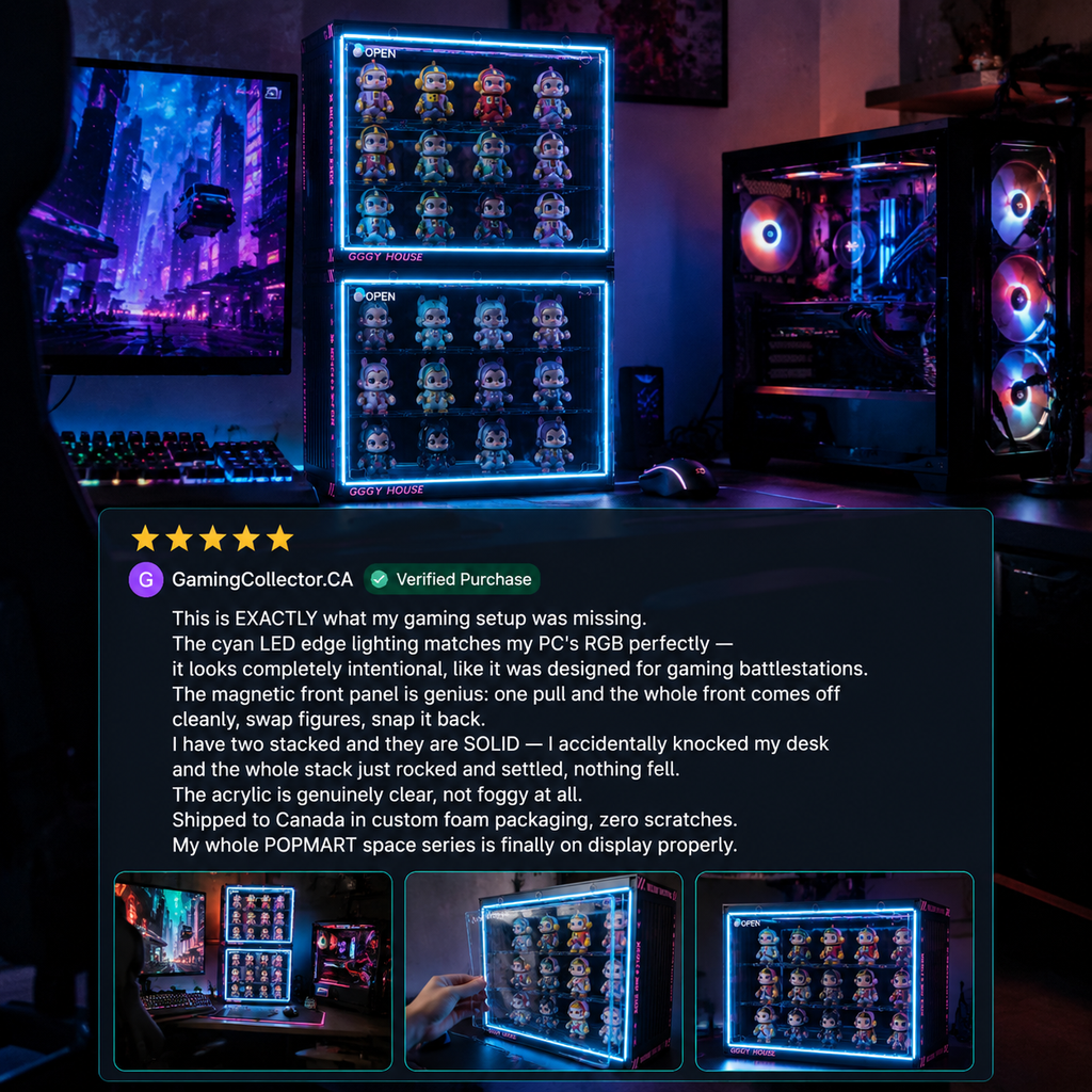 RGB LED Gaming Display Case | Cyan Edge-Lit Acrylic Blind Box Cabinet | Gamer Collector Setup