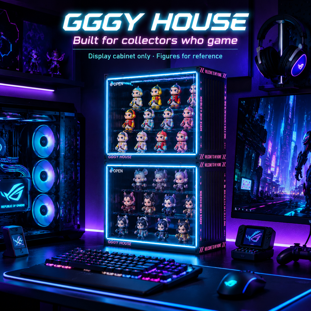 RGB LED Gaming Display Case | Cyan Edge-Lit Acrylic Blind Box Cabinet | Gamer Collector Setup