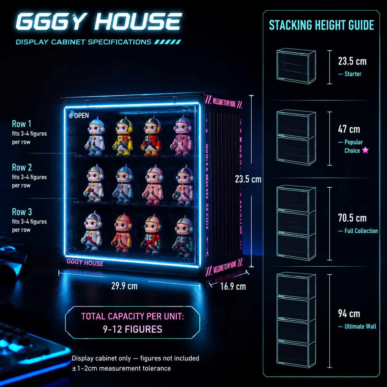 RGB LED Gaming Display Case | Cyan Edge-Lit Acrylic Blind Box Cabinet | Gamer Collector Setup