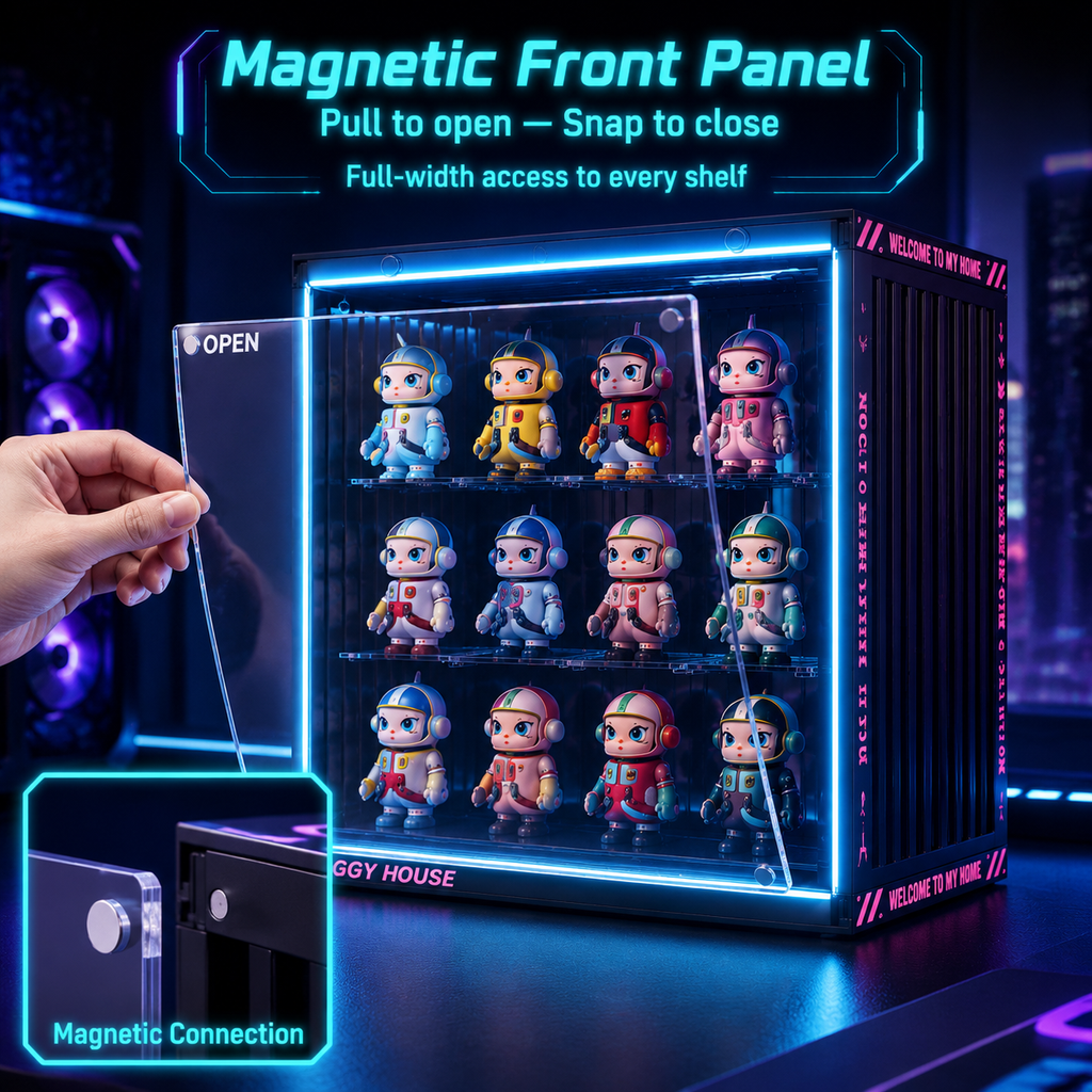 RGB LED Gaming Display Case | Cyan Edge-Lit Acrylic Blind Box Cabinet | Gamer Collector Setup