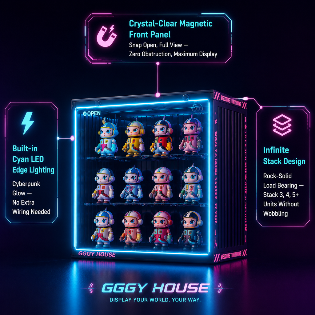 RGB LED Gaming Display Case | Cyan Edge-Lit Acrylic Blind Box Cabinet | Gamer Collector Setup