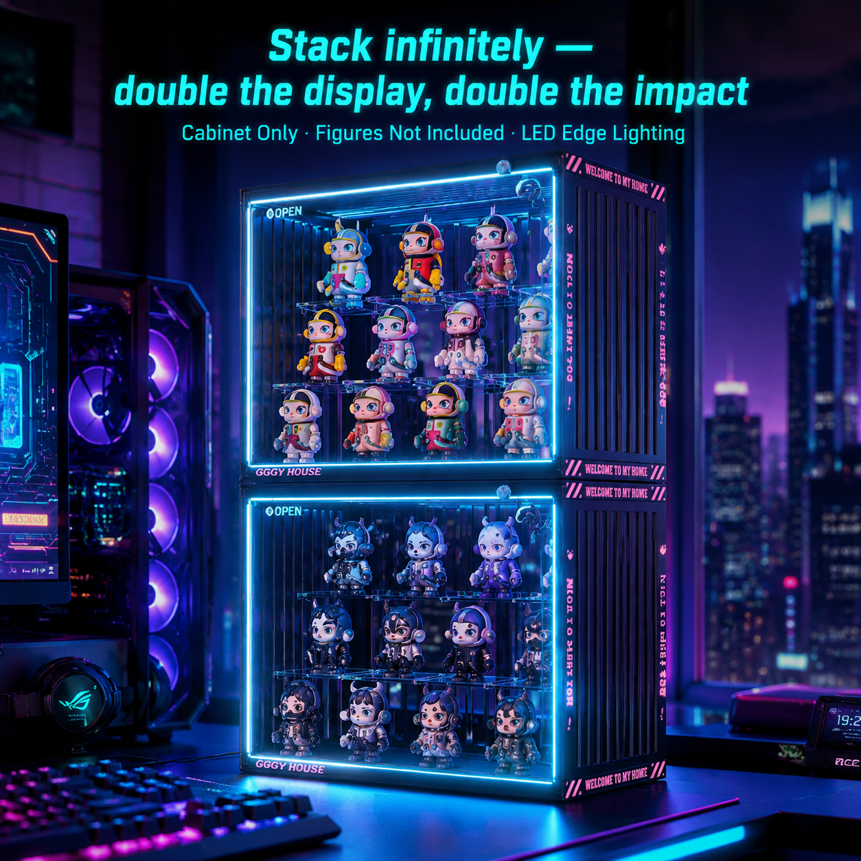 RGB LED Gaming Display Case | Cyan Edge-Lit Acrylic Blind Box Cabinet | Gamer Collector Setup