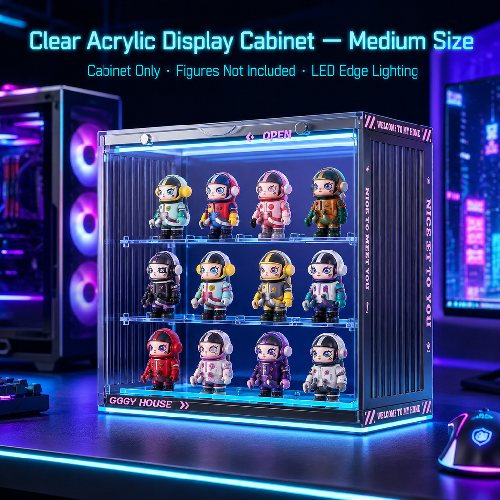 RGB LED Gaming Display Case | Cyan Edge-Lit Acrylic Blind Box Cabinet | Gamer Collector Setup