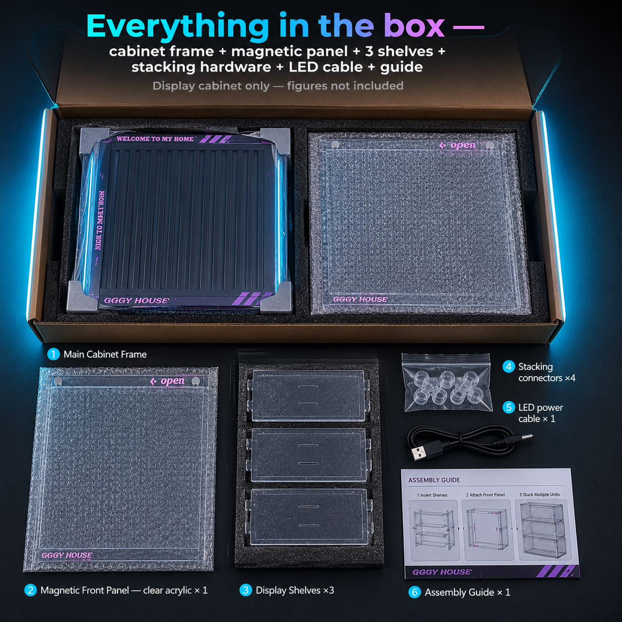 RGB LED Gaming Display Case | Cyan Edge-Lit Acrylic Blind Box Cabinet | Gamer Collector Setup