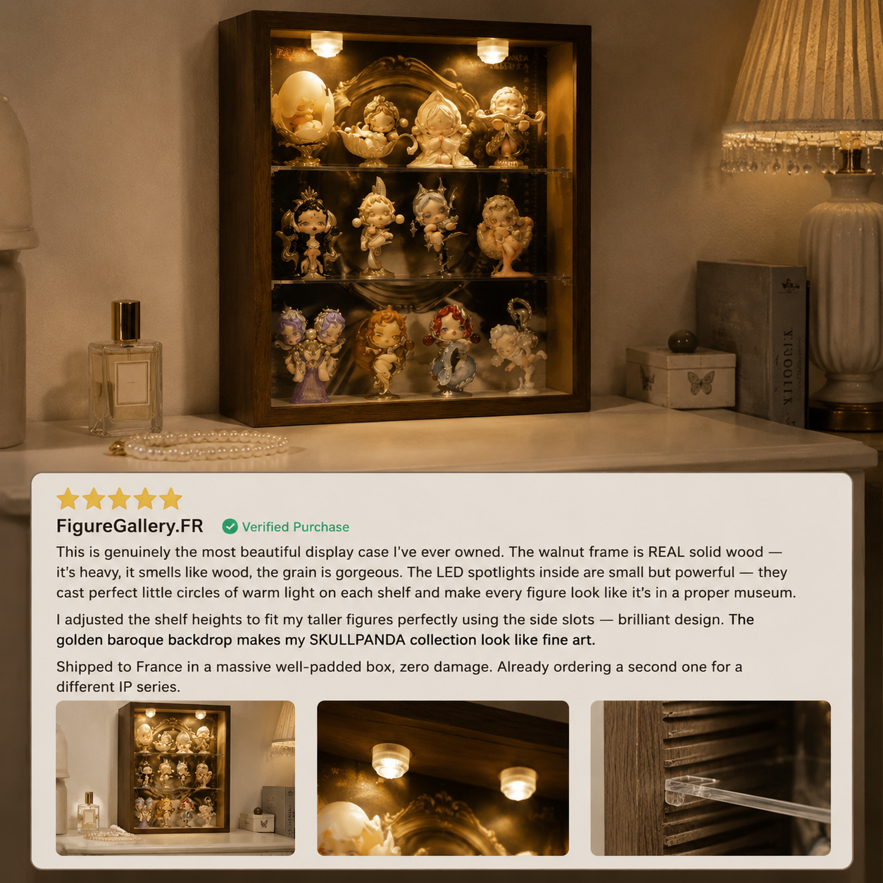 Walnut Wood LED Spotlight Display Cabinet | Baroque Backdrop | Museum Grade Figurine Showcase