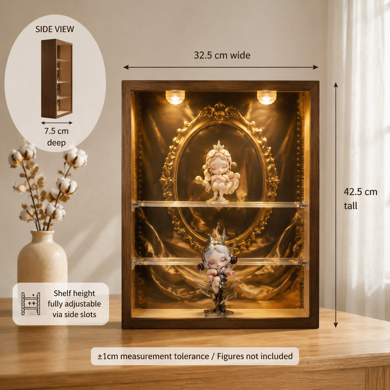 Walnut Wood LED Spotlight Display Cabinet | Baroque Backdrop | Museum Grade Figurine Showcase