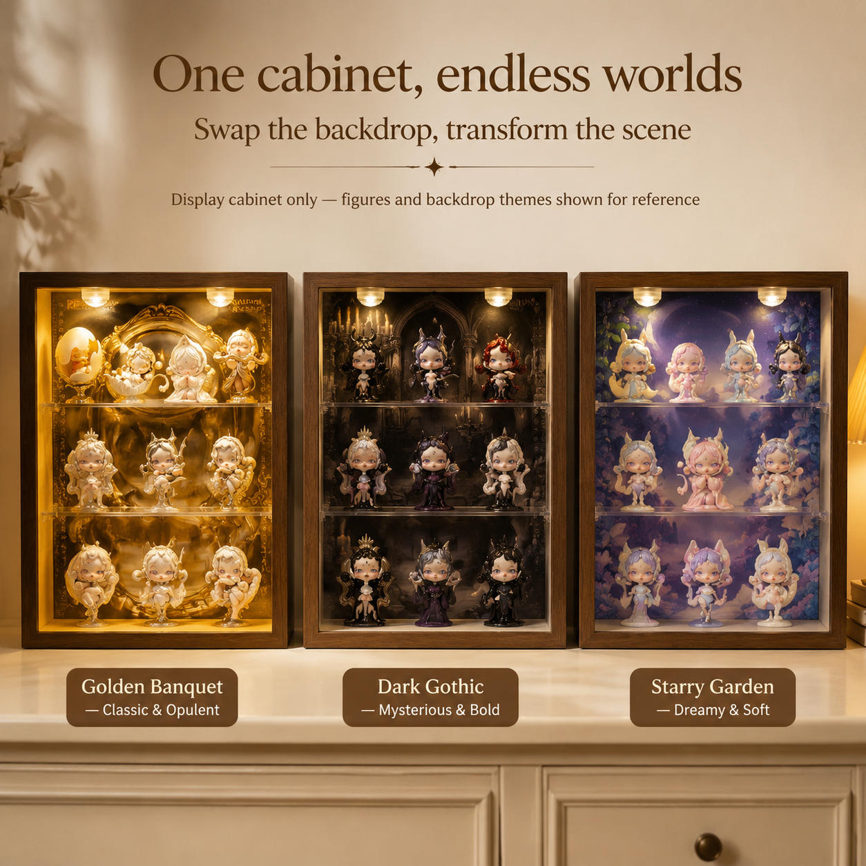 Walnut Wood LED Spotlight Display Cabinet | Baroque Backdrop | Museum Grade Figurine Showcase