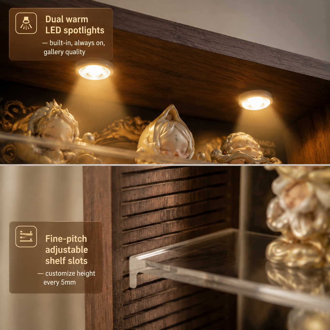 Walnut Wood LED Spotlight Display Cabinet | Baroque Backdrop | Museum Grade Figurine Showcase