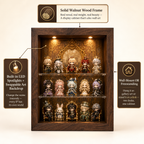 Walnut Wood LED Spotlight Display Cabinet | Baroque Backdrop | Museum Grade Figurine Showcase
