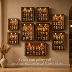 Walnut Wood LED Spotlight Display Cabinet | Baroque Backdrop | Museum Grade Figurine Showcase