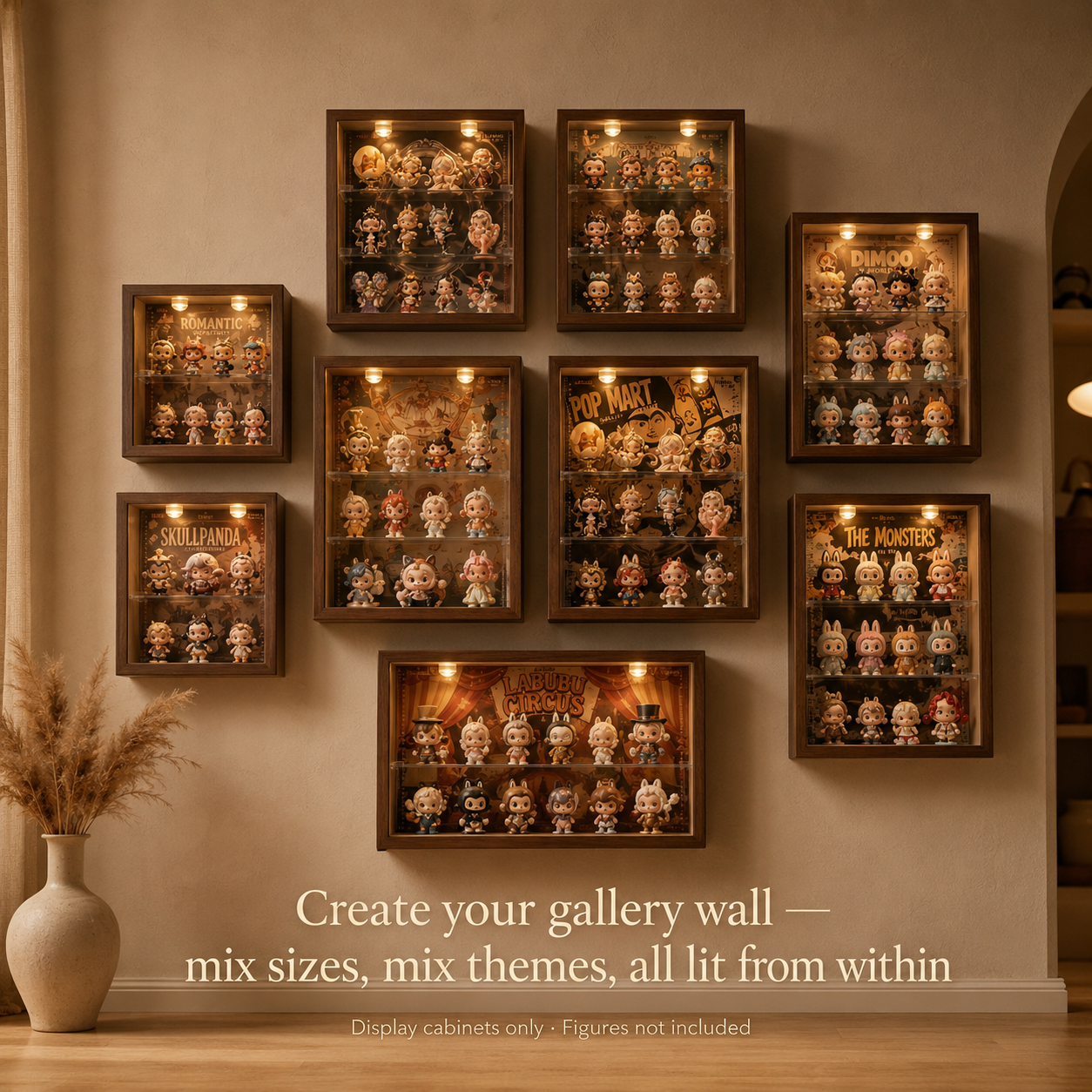 Walnut Wood LED Spotlight Display Cabinet | Baroque Backdrop | Museum Grade Figurine Showcase