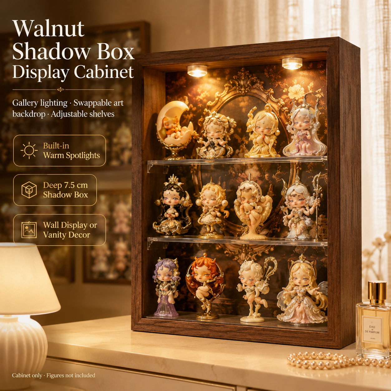Walnut Wood LED Spotlight Display Cabinet | Baroque Backdrop | Museum Grade Figurine Showcase