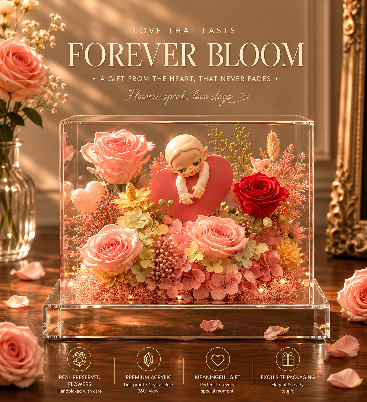 Forever Bloom Cherub Preserved Rose Display – Doluchi