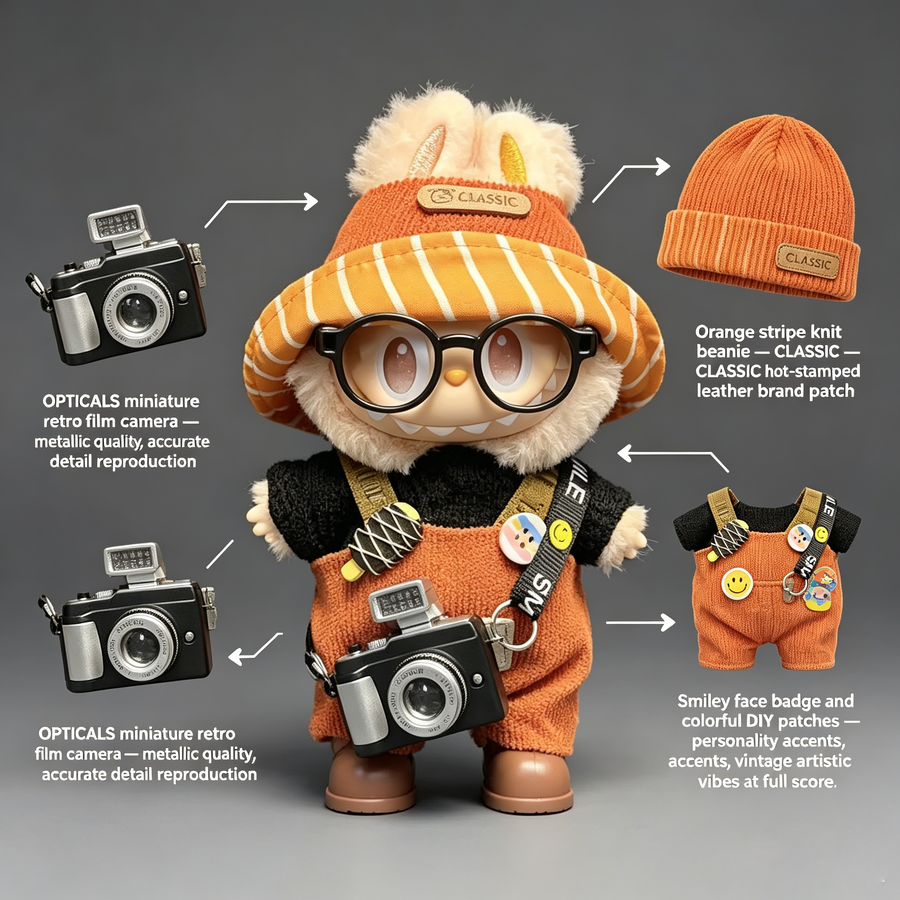 Film Soul Photographer Outfit | Retro Camera + Striped Beanie | Film Style Doll Set