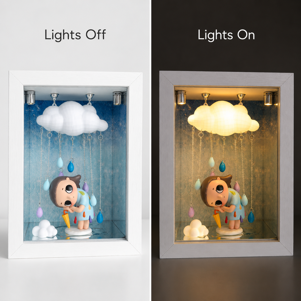 LED Rain Cloud Shadow Box Night Light | Glowing Cloud Figure Display Frame | Cozy USB Desk Lamp Decor