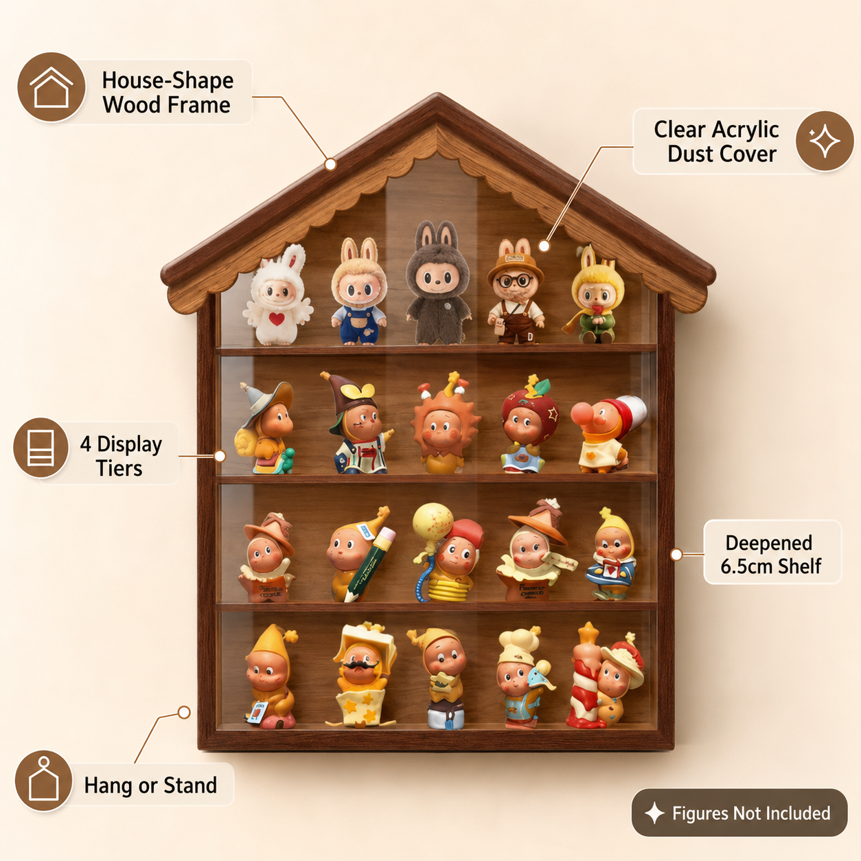 House-Shaped Wooden Display Shelf | 4-Tier Wall-Mounted Figure Showcase | Blind Box Collection Organizer