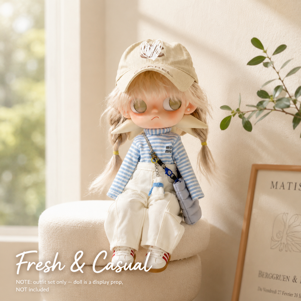 Preppy Striped Overall Doll Outfit | Knit Top + Overalls + Embroidered Cap + Sneakers | Doll Clothes Set